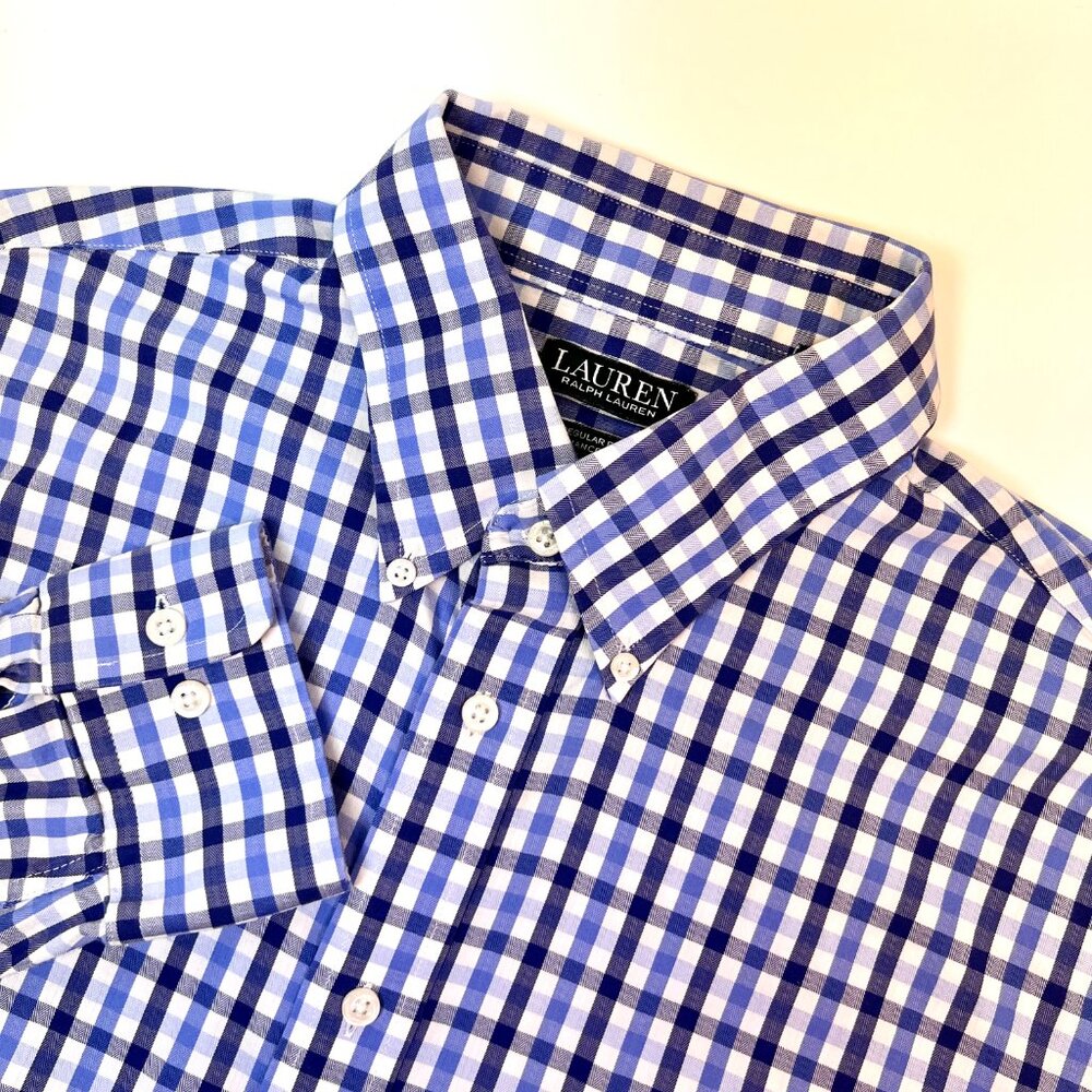 Lauren Ralph Lauren Mens XL Performance Stretch Gingham Plaid Shirt Navy Blue